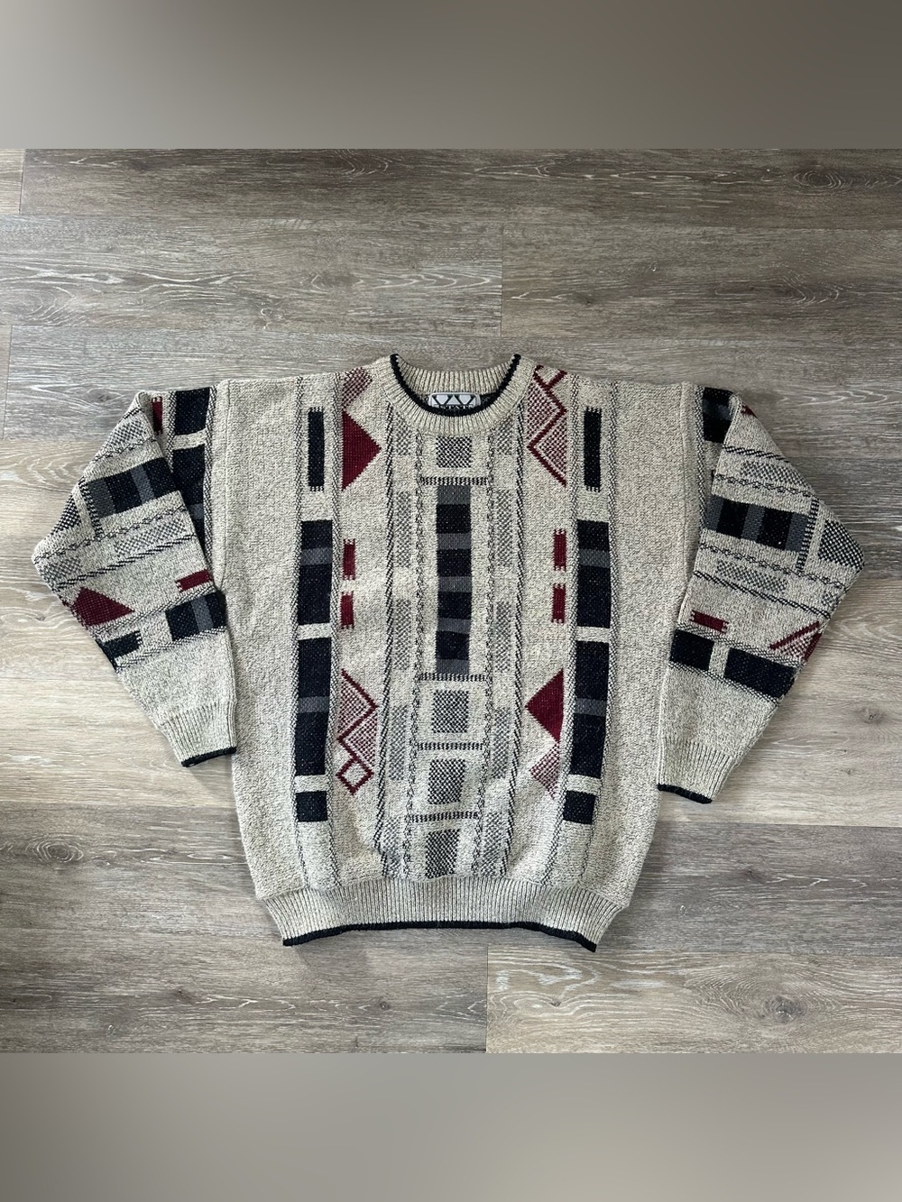 Men's XX Stat vintage coogi style sweater gray with geometric shapes Sz L